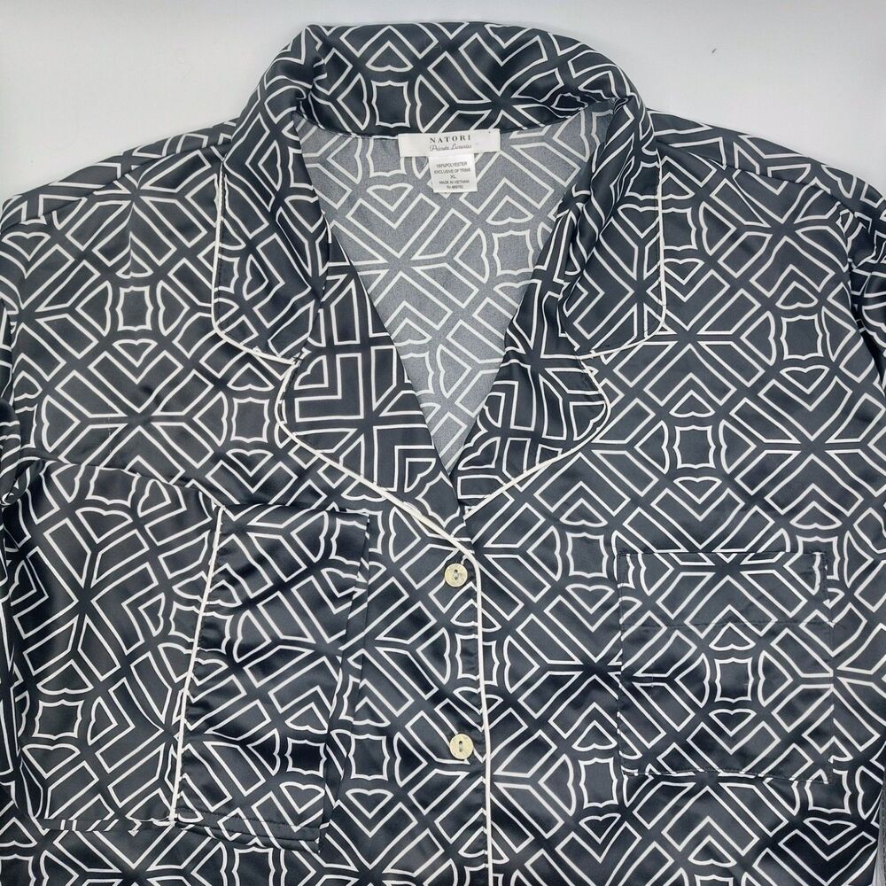 NATORI Private Luxuries Satin Geometric Sleep Shirt Size XL Button Up Gown PJs